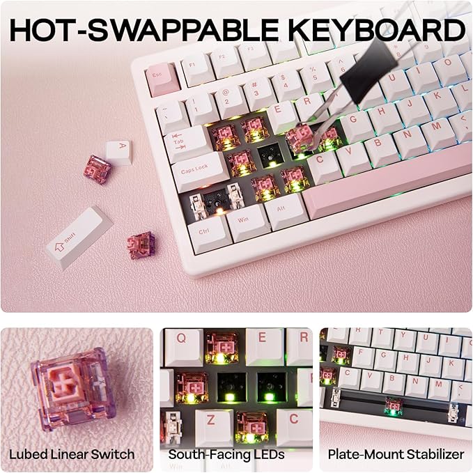 EPOMAKER QK81 75% Wireless Mechanical Gaming Keyboard, QMK/VIA Programmable and Hot-Swappable, 81 Keys with Metal Knob, 2.4Ghz/BT/USB, Creamy Gasket-Mount, RGB Backlight (White, Wisteria Switch)