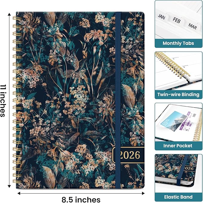 2026 Planner, Monthly and Weekly Calendar Planner for Women, January 2026 - December 2026, Hardcover Pretty 2026 Agenda Planner Book with Tabs, Spiral Bound, Perfect for School Office Home Supplies, 8.5" x 11" - Royal Flowers