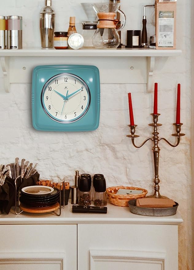 Infinity Instruments Retro – 9-Inch Square Silent Non-Ticking Mid-Century Modern Wall Clock – Vintage Decorative Timepiece for Kitchen, Office, or Diner – Turquoise