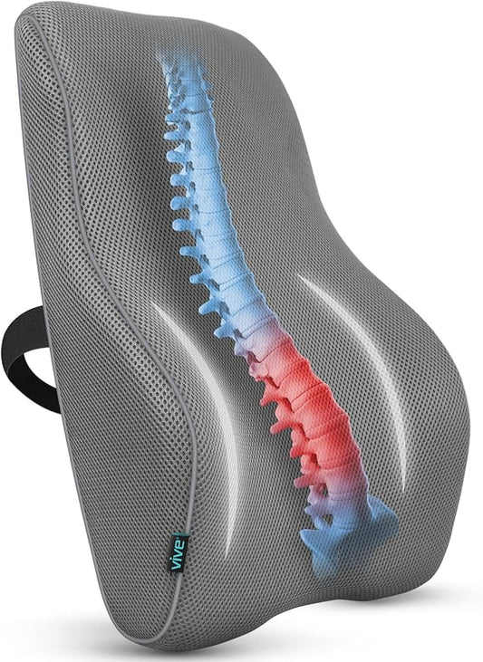 Vive Full Lumbar Cushion - Memory Foam Contour Support for Lower Back Pain - Ergonomic Pressure Relief for Office Chair, Car - Large Mesh Orthopedic Seat Backrest Roll for Improving Posture (Gray)
