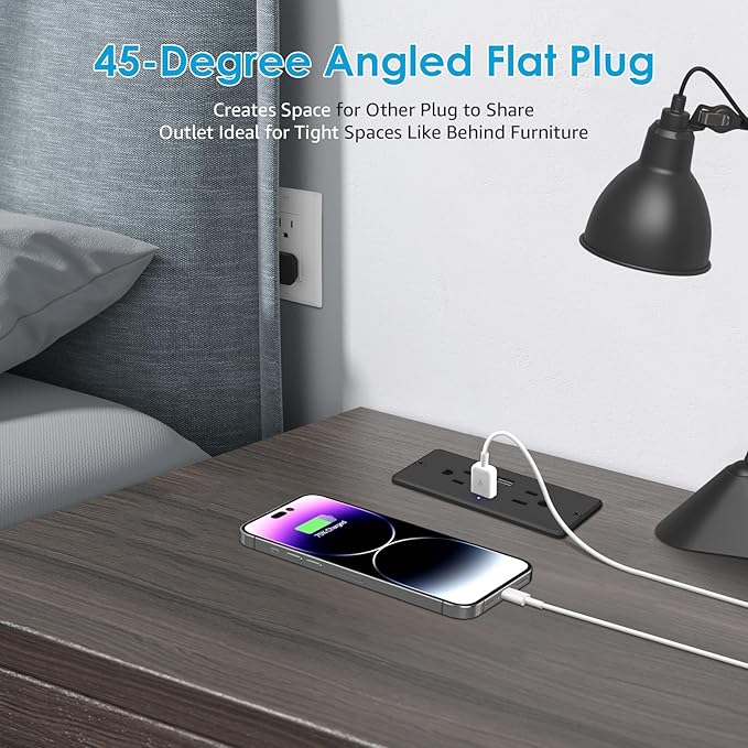 HHSOET 20W Fast Charging Power Strip with USB-C, 2 AC Plugs, 2 USB Ports, 10ft Power Cord, Black