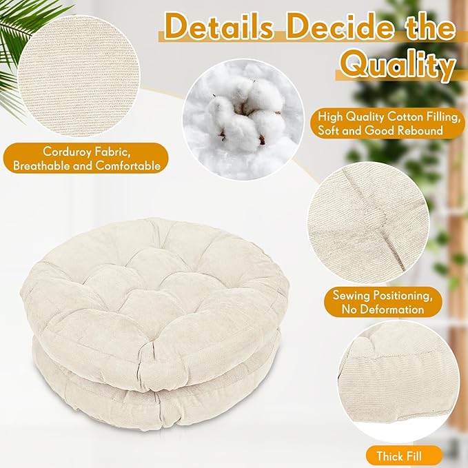 Jerify 2 Pcs Beige Floor Pillows Cushions 22 x 22 Inch Round Square Large Meditation Floor Pillow for Adults Meditation Cushion for Seating Gift Christmas(Round)