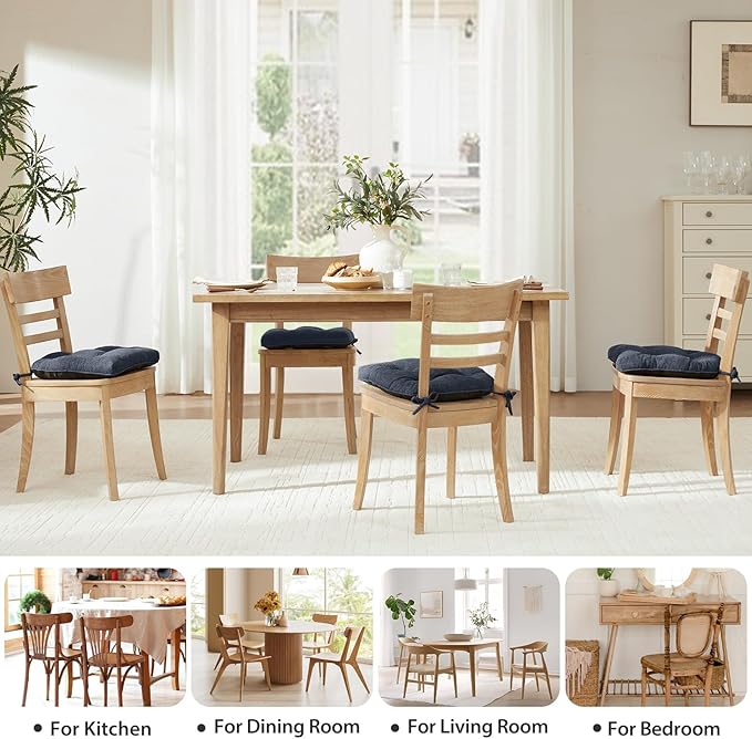 Chair Cushions Set of 4 for Dining Chairs, 16.5"x15.5" Kitchen Chair Pads with Memory Foam, Non-Slip Bottom & Ties, Tufted Indoor Seat Cushions for Home Use – Navy