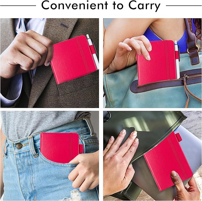 feela 3 Pack Pocket Small Notebook Journals, Mini Cute Memo Notepad Hardcover College Ruled Lined Journals with Pen Holder for Women Girls Office School, with 3 Black Pens, 3.5”x 5.5”, A6, Berry