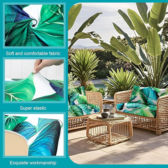12 Pcs Stretch Patio Cushion Covers,Outdoor Couch Covers Replacement,Outdoor Couch & Sofa Slipcovers,for Patio Furniture Cushion Covers,Washable Reusable Furniture Protector (Green Leaf,Cover Only)