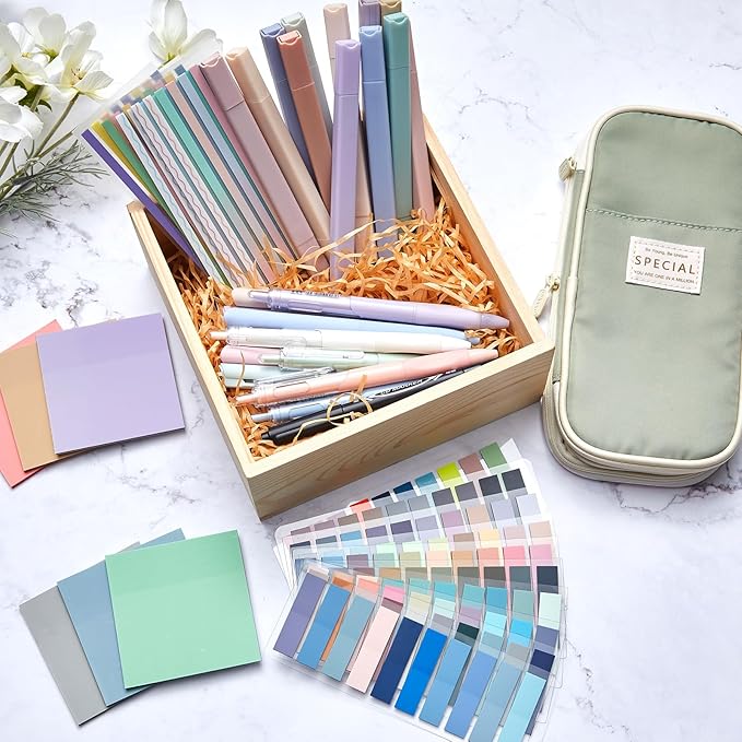 135 Pcs Book Annotation Kit Aesthetic Pencil Case Bag with 12 Highlighter 11 Gel Pen 1 Marker 300 Sheets Transparent Sticky Notes Pads 2640 Index Tabs Bible Study Supplies for School Gift(Light Green)