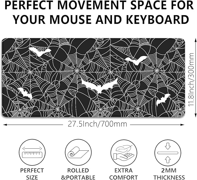 Black Spider Web Desk Pad Mouse Pad,Large Gaming Bat Mouse Mat with Stitched Edges,Non-Slip Waterproof Rubber Base Mousepad for Office Work Home Desk Mat(27.5X11.8 in)
