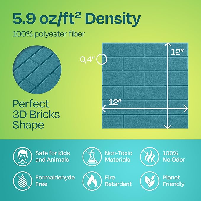 Acoustic Panels 18-Pack Premium Sound Dampening Panels - 12"X12"X0.4" Brick Style, Easy Self-Adhesive Installation - Light Turquoise