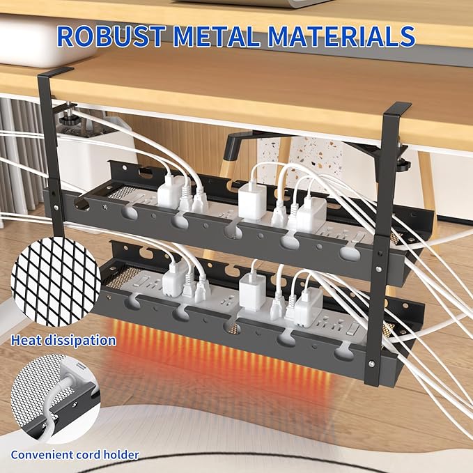 WIGAKDRU 31Inch Extendable Under Desk Cable Management Tray Multi-Model Metal Cable Management Tray Under Desk Cord Management with Clamp Power Strip Cord Holder for Wire Cable Management