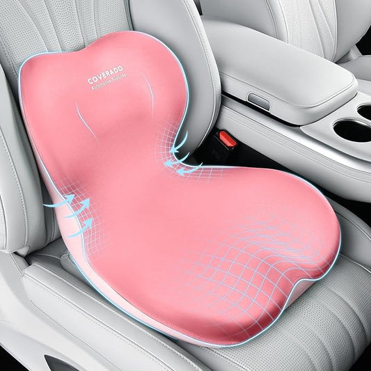 Coverado Seat Cushion and Lumbar Support Pillow One Piece for Car Office Chair, Ergonomic Memory Foam Desk Chair Cushion Back Support Pillow, Sciatica & Back & Tailbone Pain Relief Cushion-Pink