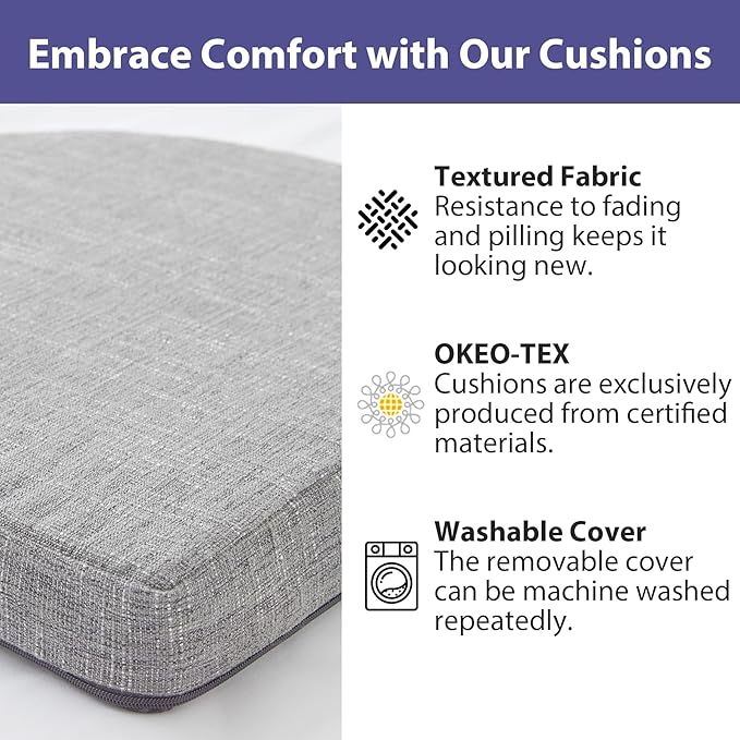 Chair Cushions for Dining Chairs with Ties and Removable Cover, Dining Kitchen Chair Pads with Non-Slip Bottom, High-Resilience Indoor Seat Cushions, 16'' x 16'' x 2'', Set of 4, Light Grey