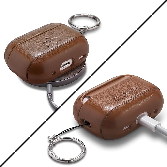Dreem Om Case Cover with Keychain Clip Compatible with AirPods Pro 2/Pro, Protective One-Piece Hard Shell, Luxury Vegan Leather AirPod Pro Case 2nd/1st Generation with Separate Clip [Chocolate]