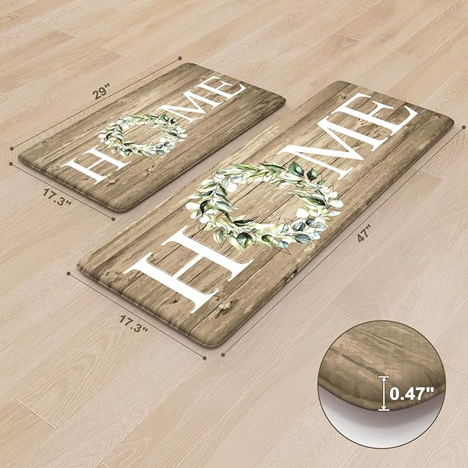 KIMODE Kitchen Mats Cushioned Anti Fatigue, 17"x47"+17"x29" Farmhouse Kitchen Rugs Sets of 2, Non Slip Kitchen Mats for Floor, Padded Kitchen Floor Mats for Sink, Laundry, Desk Khaki