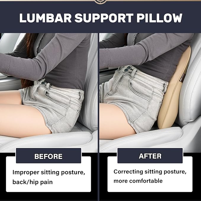 Coverado Lumbar Support Pillow for Car, Ergonomic Memory Foam Back Pillow for Office Chair, Back Cushion for Back Pain Relief, PU Leather Car Lumbar Support for Driving Seat - Beige