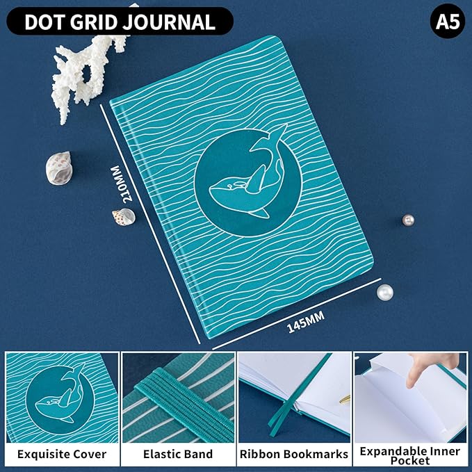 Dot Grid Journal with 160GSM Thick Paper, 192 Pages, A5 Dotted Notebook for Work, School, Travel | 180° Lay Flat, Foil Stamped Cover, Elastic Band, 2 Bookmarks & Inner Pocket (Light Blue)