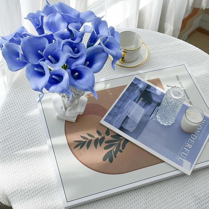 Mandy's PU Light Blue Calla Lily Artificial Flowers 20 Stems 13.5in Faux Realistic Centerpiece DIY Bridal Bouquet Home Décor