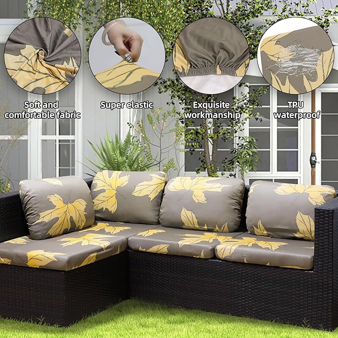 8Pcs Stretch Patio Cushion Covers Outdoor Cushion Cover, Jacquard Stretch Cushion Covers, Cover Replacement, Outdoor Sofa Covers, Washable Furniture Couch Cushion Cover (Maple Leaf)