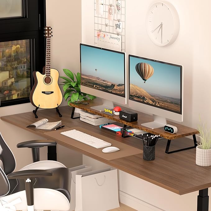 Aothia Dual Monitor Stand Riser - Metal Leg Monitor Stand with Drawer, Desk Shelf for PC, Laptop & Screen (Vintage)