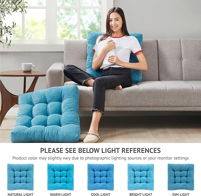 Meditation Floor Pillow Set of 2, Square Large Pillows Seating for Adults, Tufted Corduroy Cushion for Living Room Tatami, Turquoise, 22x22 Inch