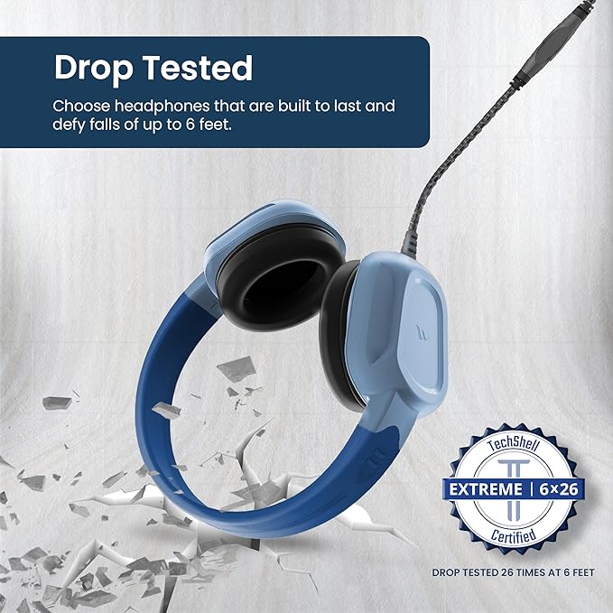 Brenthaven Headphones Wired | USB C On-Ear Rugged 2 Adjustable Headphones with Long Tangle Free Cord - Lightweight Durable and Drop Tested School Supplies for Kids Travel and K-12 Students - Blue