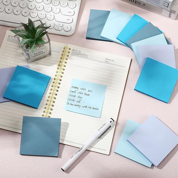 Thenshop 12 Pads Blue Sticky Notes 3''x3'', Self Stick Notes Pads Blue Office Supplies, Vintage Aesthetic School Accessories 50 Sheets/pad
