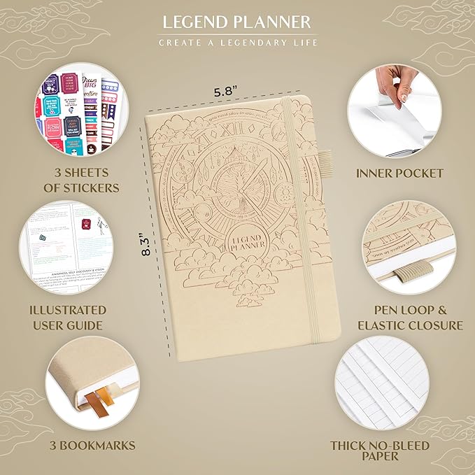 Legend Planner Hourly Schedule Edition – Deluxe Weekly & Daily Organizer with Time Slots. Time Management Appointment Book Journal for Work & Personal Life, Undated, A5 Hardcover – Seashell, Gold Foil