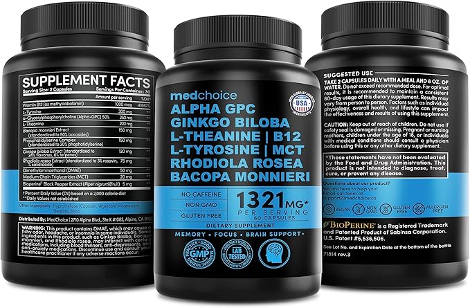 12-in-1 Nootropic Brain Supplement Anhydrous: Ginkgo Biloba for Brain Support, Memory and Focus - B12, Alpha GPC, L Theanine and Choline Supplements with Bioperine Non Caffeinated 1321mg (180ct)