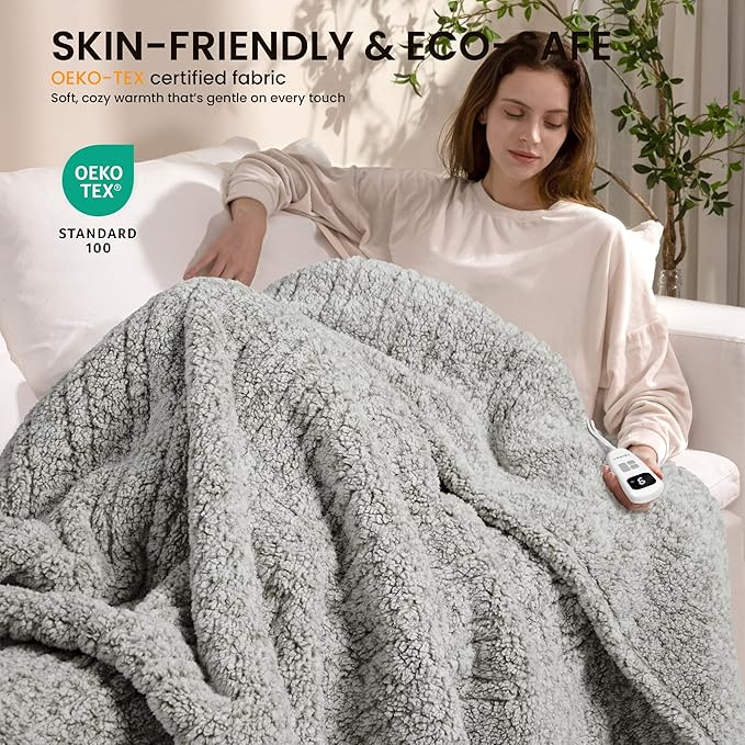 Electric Heated Blanket Twin 62x84 inches, Fast Heating w/ 10 Heat Settings & 2/4/8/10H Auto Timer, Double-Sided Sherpa, Ultra Soft & Cozy for Couch, Bed, Office, Machine Washable, Light Grey