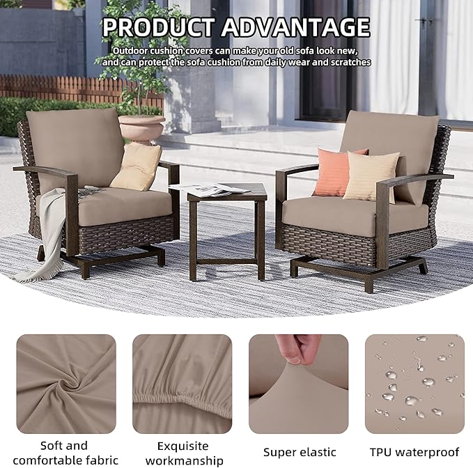 8Pcs Outdoor Cushions Covers Waterproof, Patio Cushion Covers, Stretch Cushion Covers Replacement,Cushion Slipcovers, Furniture Cushion Covers (Khaki, 8PCS)