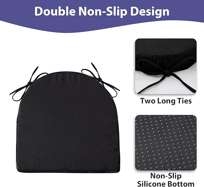 Chair Cushions for Dining Chairs with Ties and Removable Cover, Dining Kitchen Chair Pads with Non-Slip Bottom, High Density Foam Indoor Seat Cushions, 16'' x 16'' x 2'', Set of 4, Black