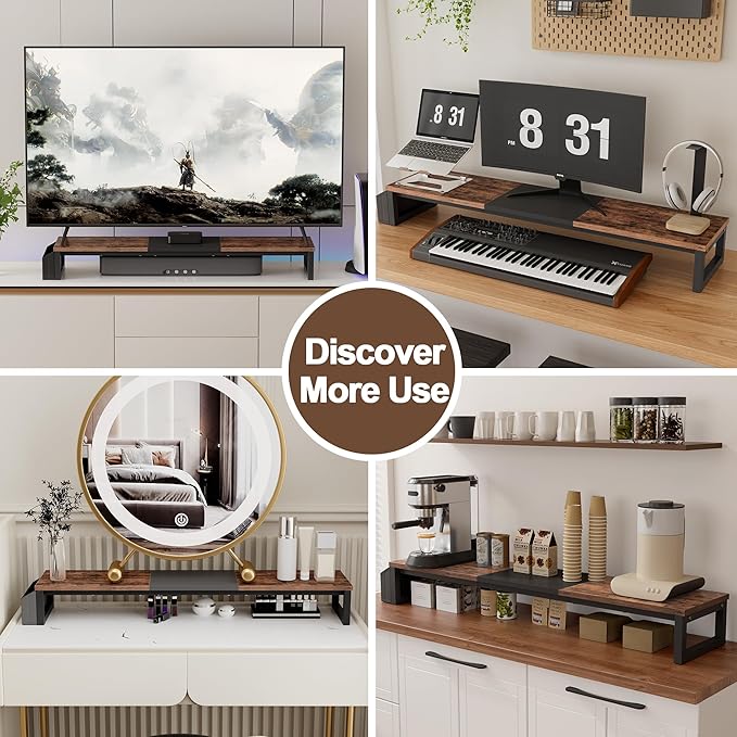 LAND·VOI Dual Monitor Stand Riser,41.5'' Long Monitor Stand for 2 Monitors, Wood Computer Riser with Pocket, Desktop Oraganizer with Pen Holder, Monitor Riser for Desk Computer,Laptop,TV, Rustic Brown