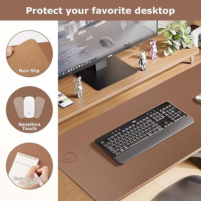Wireless Charging Mouse Pad Firelison 2 in 1 Leather Multifunctional Office Desk Pad with Non-Slip Rubber Base, Waterproof Desk pad for Computers/Office/Work/Home/Decor（ 32" x 16"Buff - L