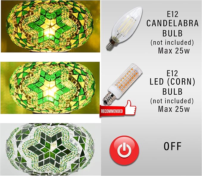 mozaist Turkish Mosaic Moon Shape Table Lamp, Moroccan Crescent Vintage Handmade Desk Light, Country Living Room, Kitchen Island Decorative Lighting, Authentic Bohemian Bedside Dim Nightstand (Green)