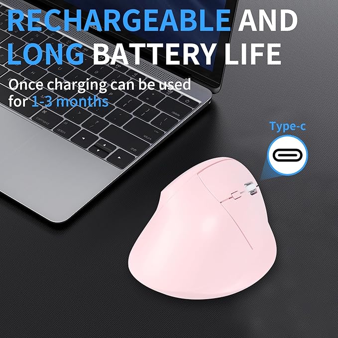 Ergonomic Vertical Mouse, Bluetooth Mouse Dual Mode Wireless Rechargeable Mice Support 2 Devices (Bluetooth or USB), 1600 DPI Silent Mice 6 Button Computer for Laptop, PC,MacBook, iPad,Mac-Pink
