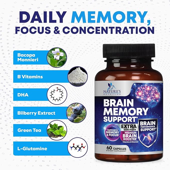 Brain Memory Supplement Pills - Nootropics Support for Concentration, Clarity, Alertness & Focus - Brain Health with Bacopa, Cognitive Vitamins, Phosphatidylserine, DMAE - Brain Booster - 60 Capsules