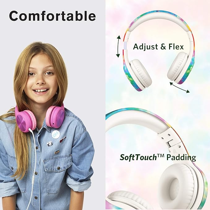 LilGadgets Connect+ Pro Kids Headphones with Mic and Cord, SharePort Technology, Over-Ear Foldable Headset, Volume Limit 93db, Wired Inline 3.5mm Jack for School - Tie Dye Rainbow Headphones for Kids