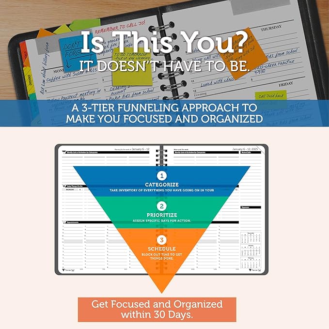 Planner Pad Spiral Bound January-December 2025/ Calendar Year 6 3/4" x 8 1/2" Medium 3-Tier Funnel Down 12 Month Organizer, Black Cover/Black Ink