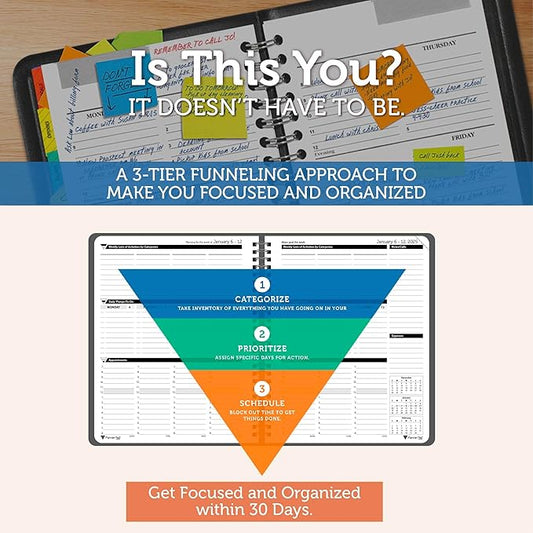 Planner Pad Spiral Bound January-December 2025/ Calendar Year 6 3/4" x 8 1/2" Medium 3-Tier Funnel Down 12 Month Organizer, Black Cover/Black Ink