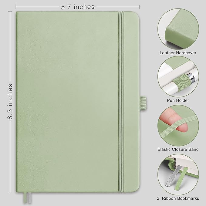 RETTACY Bullet Dotted Journal Notebook, 320 Numbered Pages, A5 Medium Size (5.7'' × 8.3''), Leather Hardcover, 100 GSM Thick Paper, for Bullet Journaling, Planning, Tracking (Light Green)