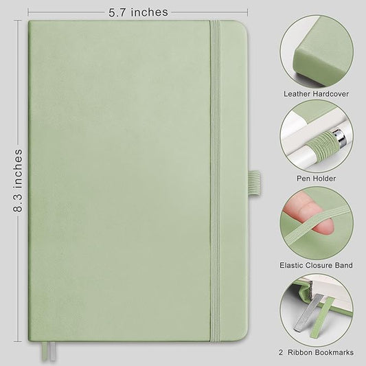 RETTACY Bullet Dotted Journal Notebook, 320 Numbered Pages, A5 Medium Size (5.7'' × 8.3''), Leather Hardcover, 100 GSM Thick Paper, for Bullet Journaling, Planning, Tracking (Light Green)