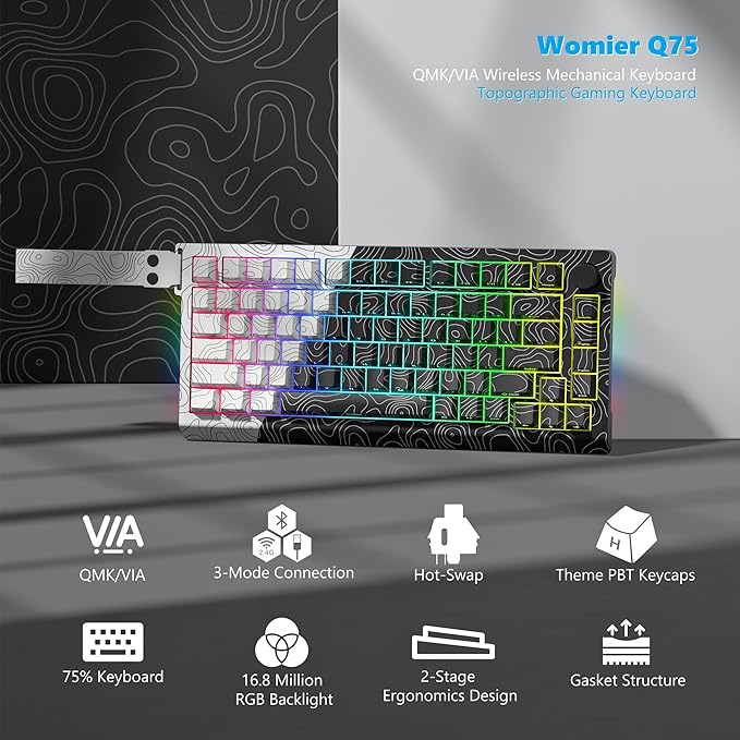 Womier 75% Percent Keyboard Wireless with Topographic Strap,QMK/VIA Creamy Mechanical Keyboard Gaming, RGB Custom Hot Swappable Key Board, PBT Keycaps for Windows & Mac - POM Linear Switch(Q75)
