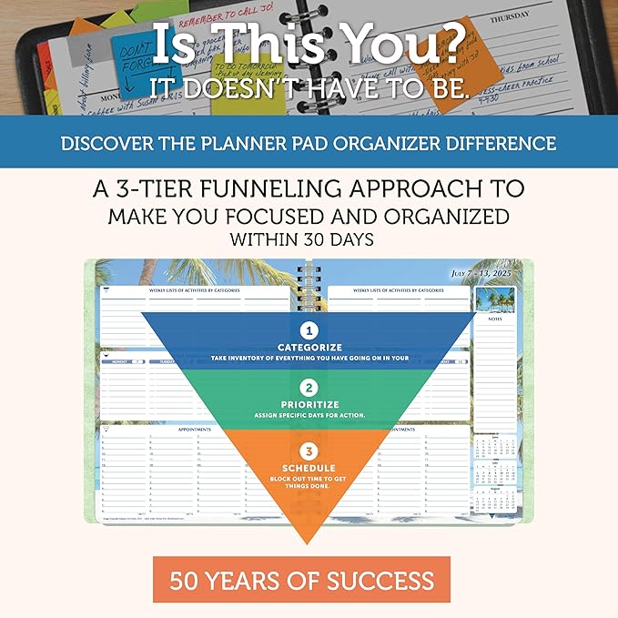 Planner Pad Spiral Bound 3-Tier Funnel Down 12 Month Organizer, July 2025 – June 2026 / Academic Year, Seasonal Color Ink, 6 3/4" x 8 1/2"