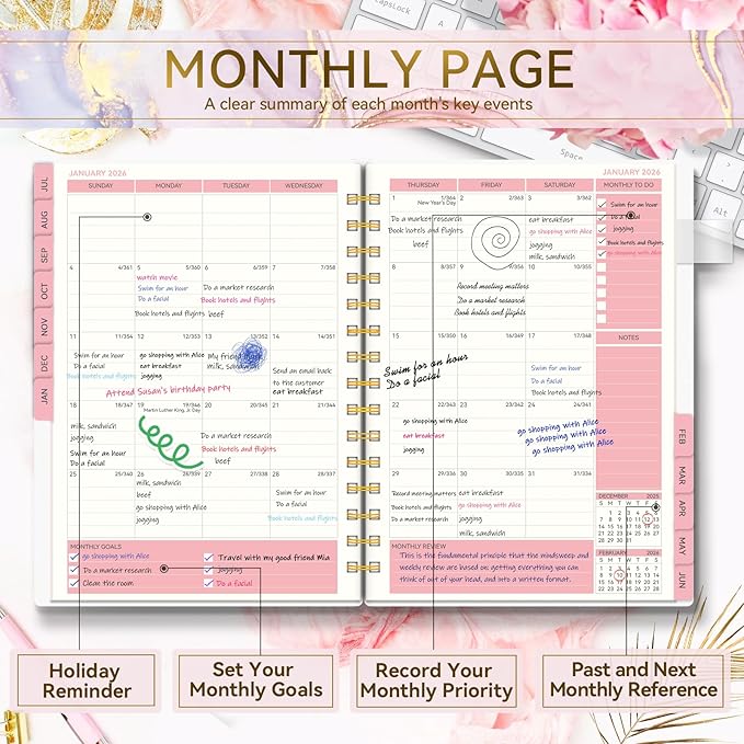 Planner 2025-2026-Weekly and Monthly, Academic Planner 2025-2026 run from Jul.2025 - Jun.2026, Planners 2025-2026 for Women, AIMPEAK Daily Calendar Planners for Teacher & Student, Monthly Tabs, Pink Marble, 5.5"x8.5"