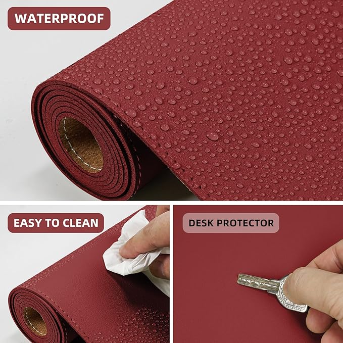 Desk Mat 35" x 17" Leather Desk Pad Protector with Natural Cork & PU Leather, Non-Slip Office Desk Mat, Double-Sided Large Mouse Pad, Waterproof Desk Cover for Office&Home (red)