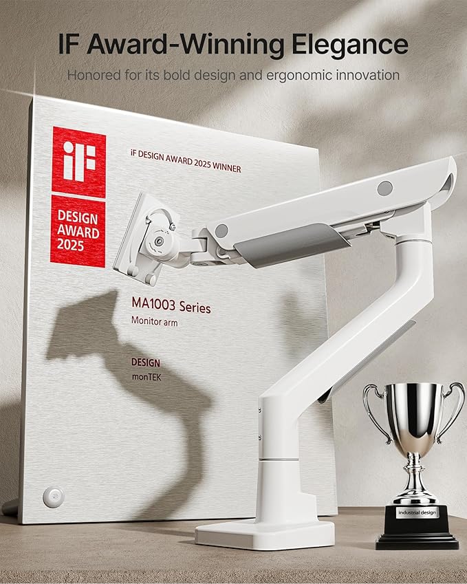 monTEK Sleek Aluminum Monitor Arm for 17–57” Ultrawide Screens up to 59 lbs, USB 3.0 A/C, Heavy Duty Single Monitor Arm Desk Mount, Pneumatic Lift, Quick-Release Plate, Clamp/Grommet, Max VESA 100x100