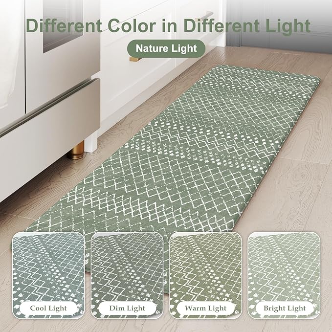 KIMODE Anti Fatigue Kitchen Mats for Floor, Boho Kitchen Rugs Sets of 2, Cushioned Kitchen Floor Mats, Comfort Standing Mat for Sink Laundry Office Desk Green 17"x59"+17"x29"
