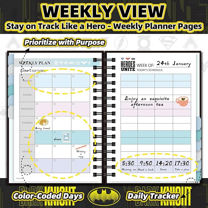 Hardcover Spiral Notebook Journal with 12 Dividers Tabs Weekly&Monthly Planner Productivity Journal Superhero Theme Leather Organizer for Work School Adults Teens and Professionals (BATM-BLACKYELLOW)