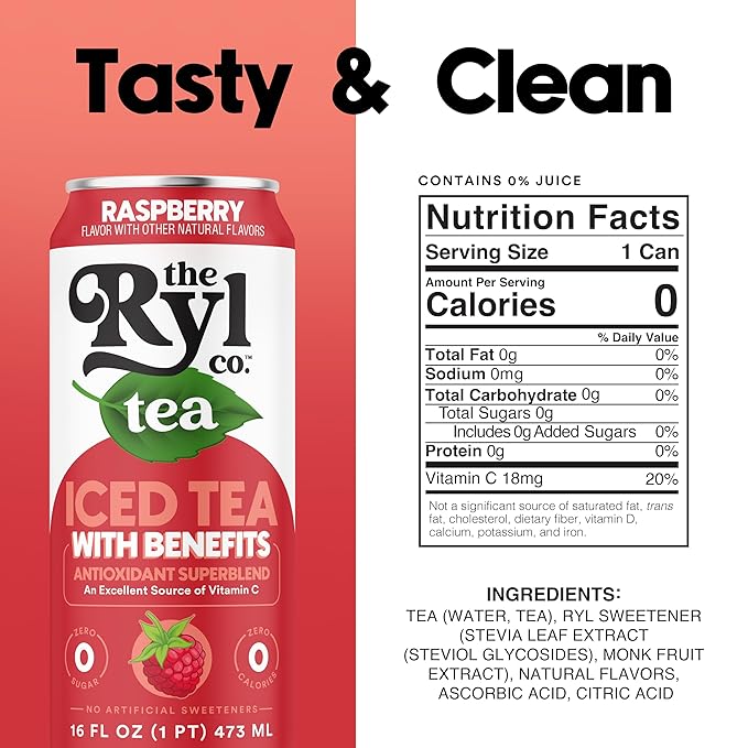 Ryl Iced Tea, Raspberry, Antioxidant Superblend, Zero Sugar, Low Carb, Zero Calorie Iced Tea, 16.0 Fl Oz (12-Pack)