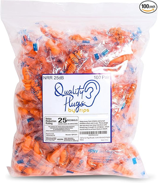 100 Pairs of Orange Reusable Ear Plugs - Individually Wrapped, Providing Ear Protection & Noise Reduction up to 25dB NRR - Bulk Silicone Ear Buds for Motorcycle, Gun Range, Shooting, Sleeping, Work