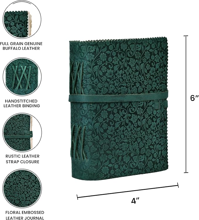 LEATHER VILLAGE Leather Bound Floral Embossed Journal for Women Men - 200 Pages, 6”X4”(A6), Turquoise - Book of Shadows, Vintage Blank Paper Travel Diary, Notebook for Writing, Drawing, Sketchbook